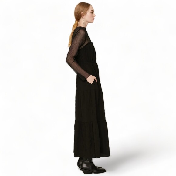 PAMELA LOVE Sheer Maxi Tiered Dress Black Long Sleeves Wednesday Goth Emo Size L - Picture 6 of 14